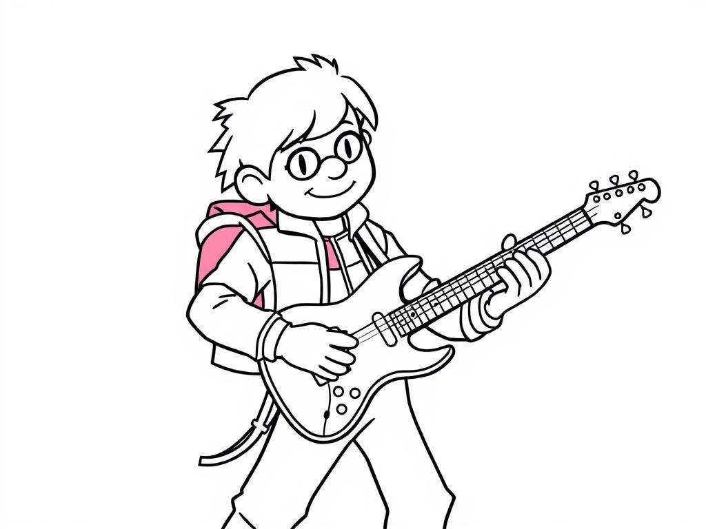 Marty Mcfly playing guitar with pink hi on his shoulder