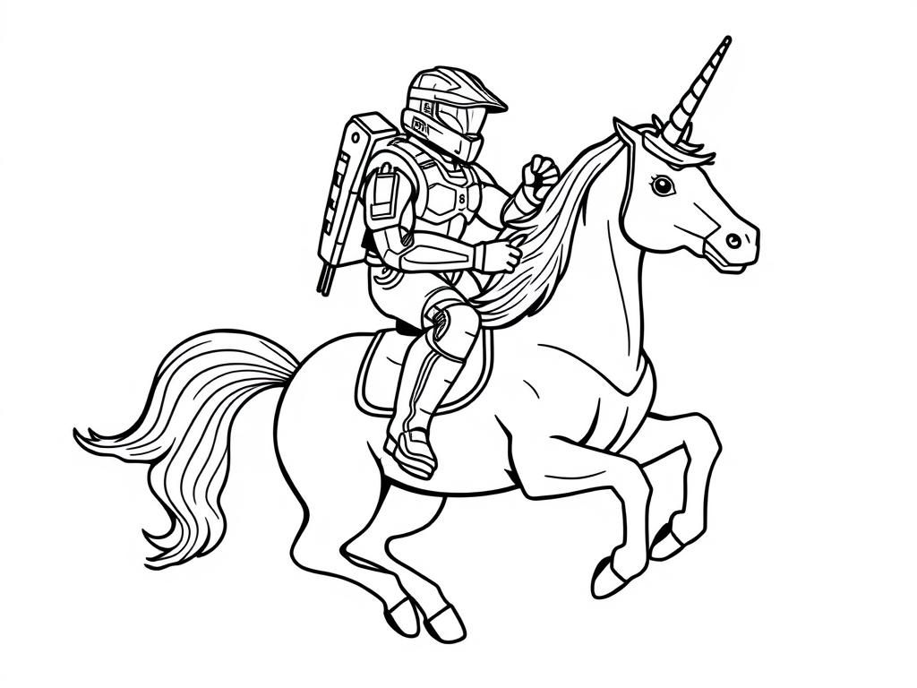 Preview of master chief from halo riding a one headed unicorn