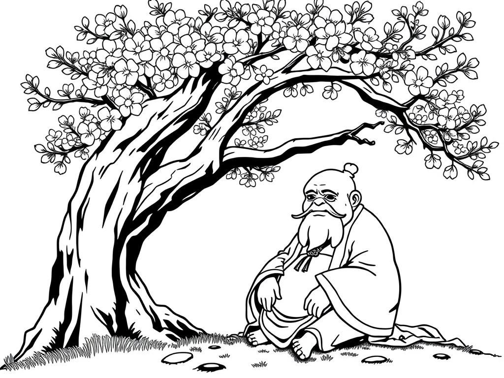 Master Oogway sitting under a cherry tree