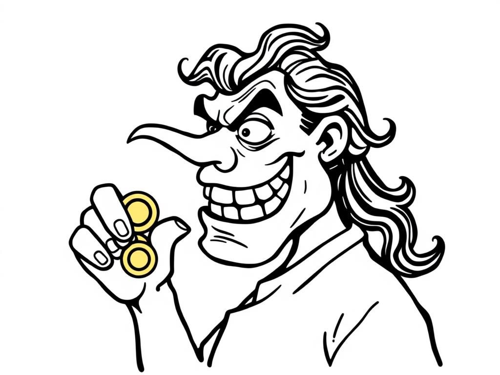 Mean person with hook nose crooked teethy smile, beady eyes and curls holding gold coins in profile