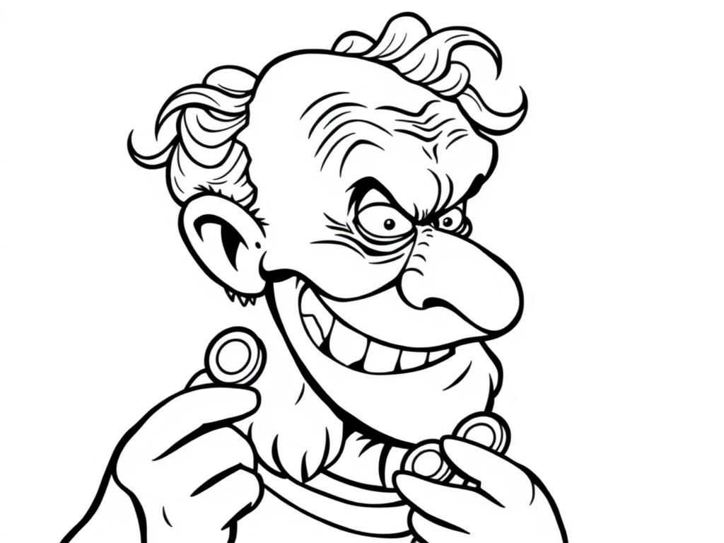 Menacing old person with hook nose crooked teethy smile, beady eyes and curls holding gold coins in profile