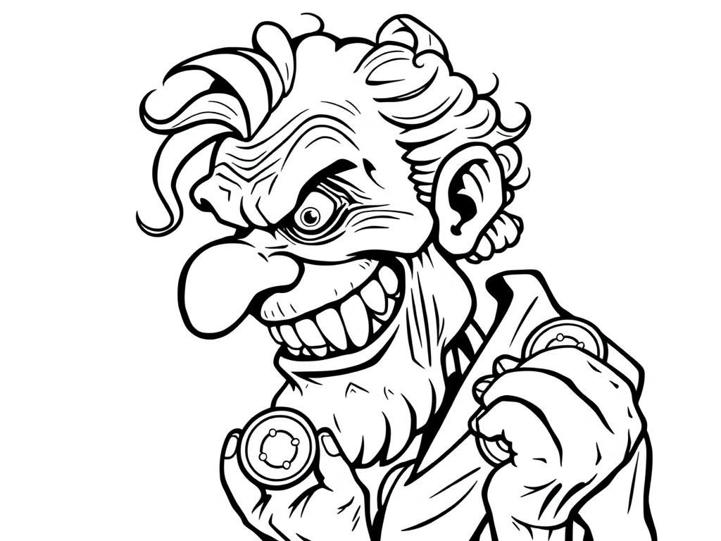 Menacing old person with hook nose crooked teethy smile, beady eyes and curls holding gold coins in profile