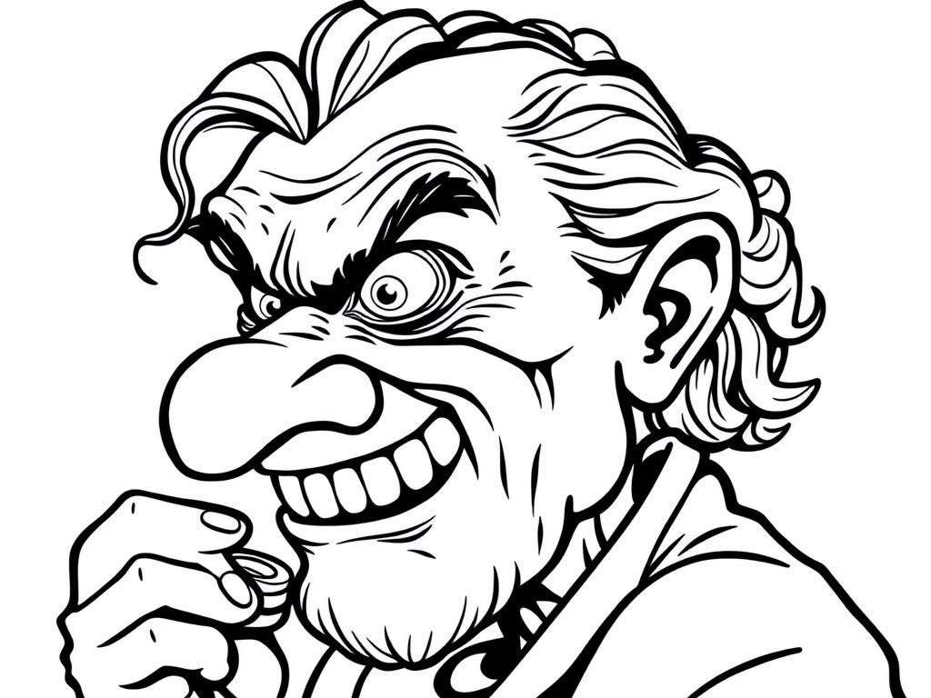 Menacing old person with hook nose crooked teethy smile, beady eyes and curls holding gold coins in profile