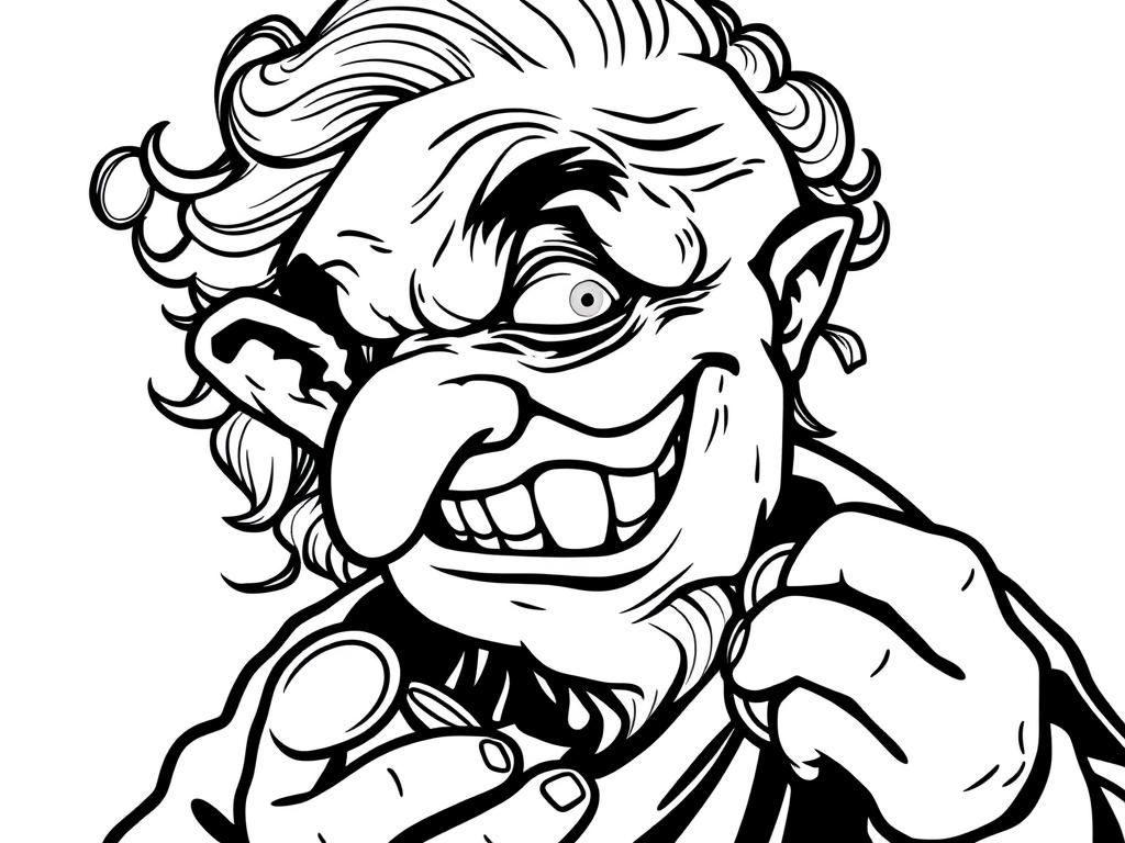 Menacing old person with hook nose crooked teethy smile, beady eyes and curls holding gold coins in profile