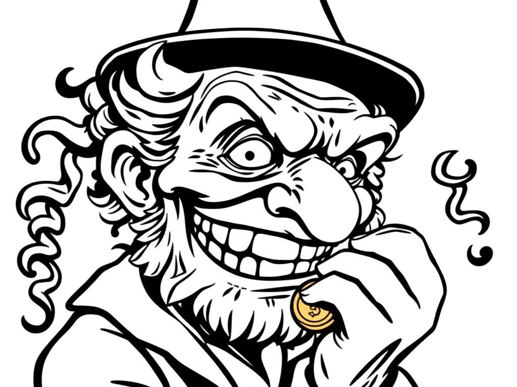 Menacing old person with hook nose crooked teethy smile, beady eyes and curls holding gold coins in profile with a Jewish hat