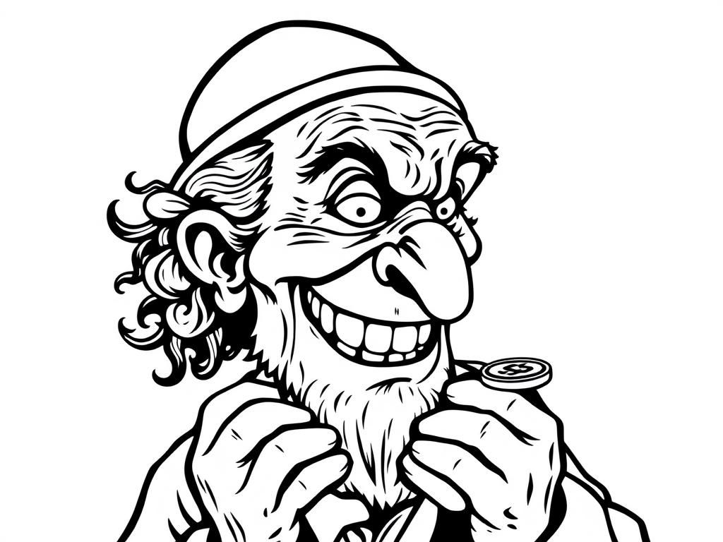 Menacing old person with hook nose crooked teethy smile, beady eyes and curls holding gold coins in profile with a Jewish hat