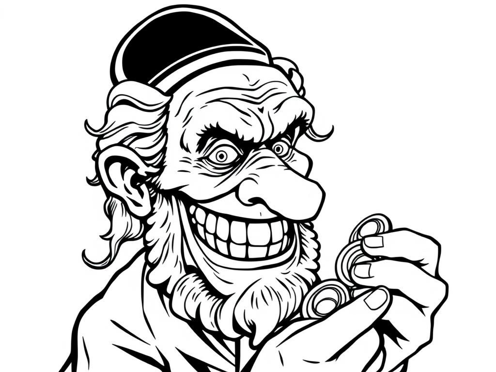 Menacing old person with hook nose crooked teethy smile, beady eyes and curls holding gold coins in profile with a Jewish hat