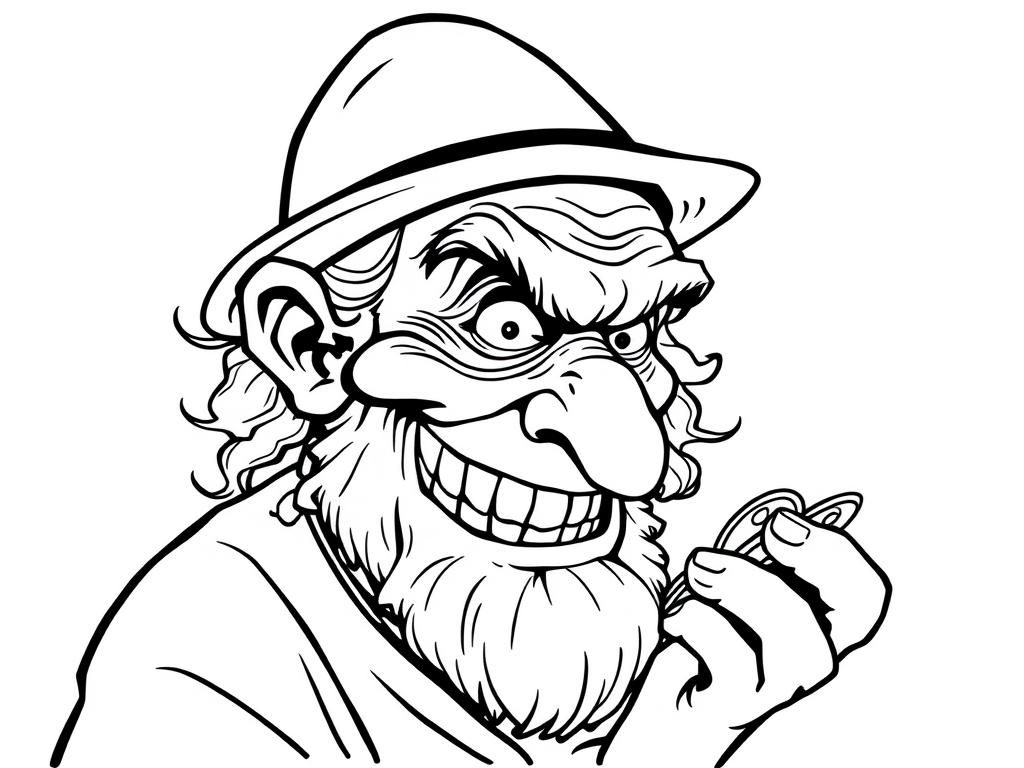 Menacing old person with hook nose crooked teethy smile, beady eyes and curls holding gold coins in profile with a Jewish hat