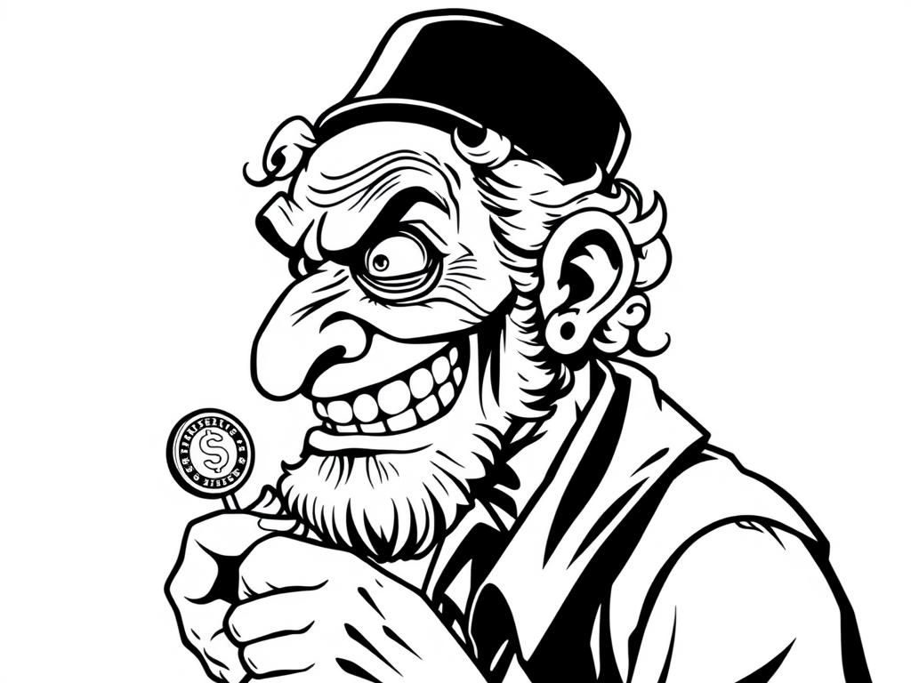 Preview of Menacing old person with hook nose crooked teethy smile, beady eyes and curls holding gold coins in profile with a Jewish hat