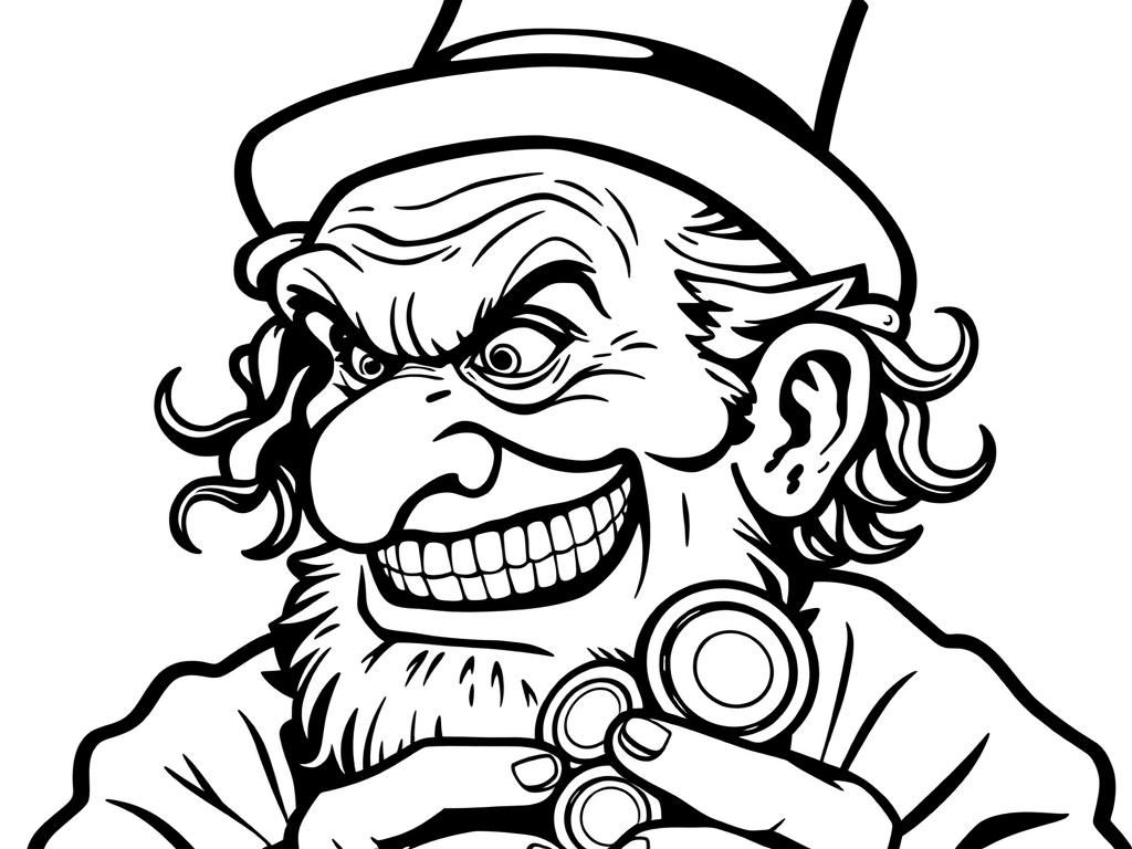 Menacing old person with hook nose crooked teethy smile, beady eyes and curls holding gold coins in profile with a Jewish hat