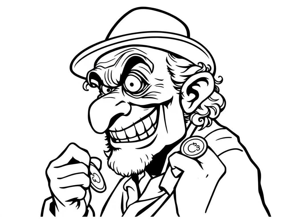 Menacing old person with hook nose crooked teethy smile, beady eyes and curls holding gold coins in profile with a Jewish hat