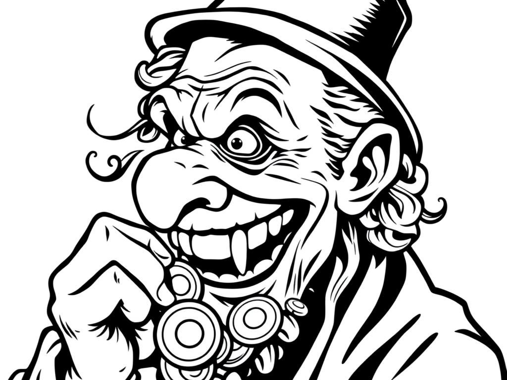 Menacing old person with hook nose crooked teethy smile, beady eyes and curls holding gold coins in profile with a Jewish hat