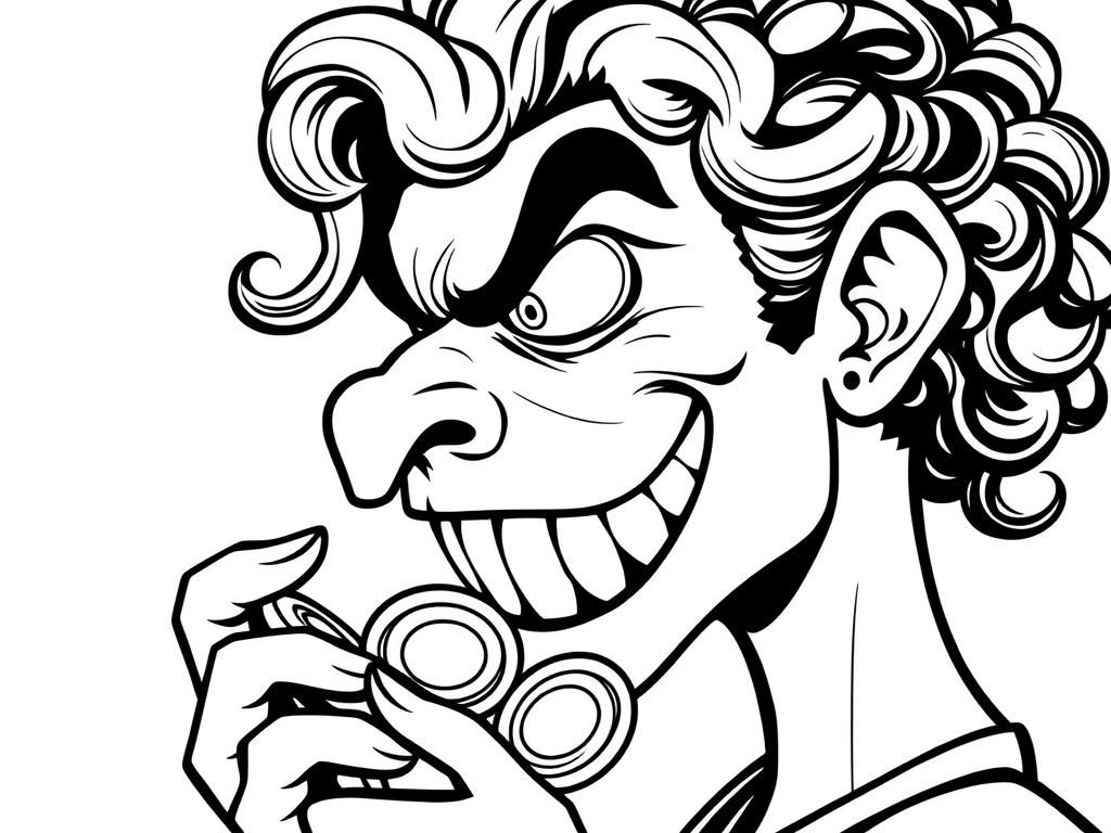 Preview of Menacing person with hook nose crooked teethy smile, beady eyes and curls holding gold coins in profile