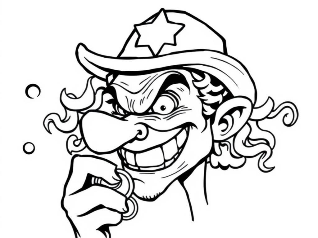 Menacing person with hook nose crooked teethy smile, beady eyes and curls holding gold coins in profile with a Jewish hat