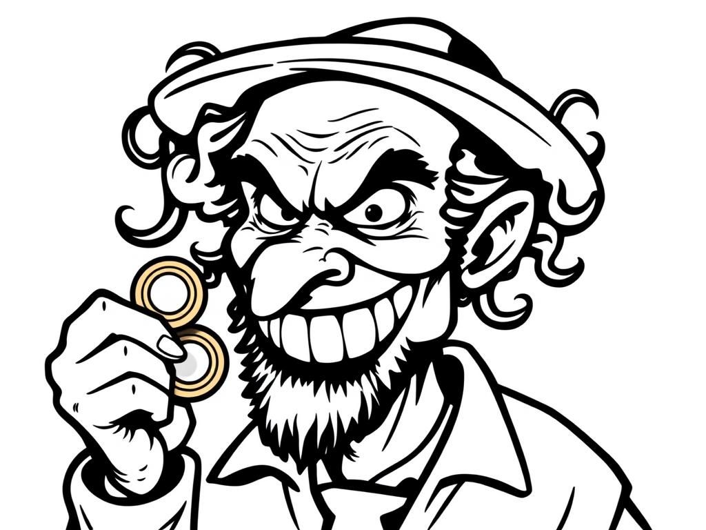 Preview of Menacing person with hook nose crooked teethy smile, beady eyes and curls holding gold coins in profile with a Jewish hat