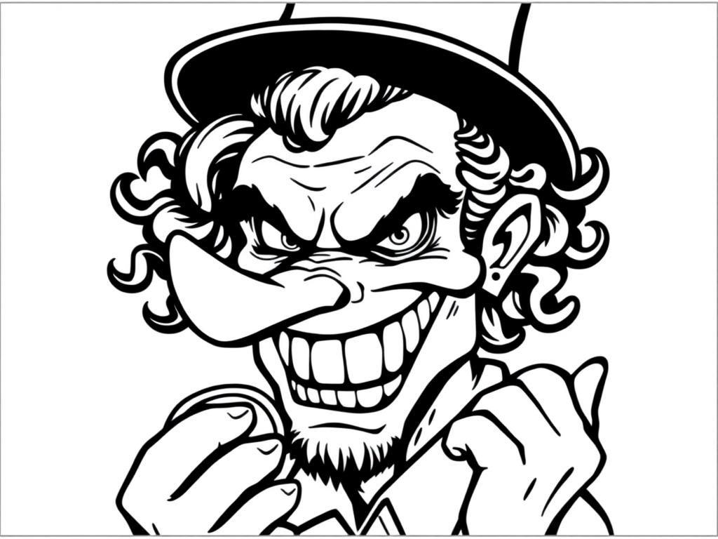 Menacing person with hook nose crooked teethy smile, beady eyes and curls holding gold coins in profile with a Jewish hat