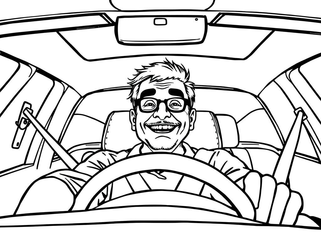 Preview of mentally disabled man staring at the camera gleefully as he drives