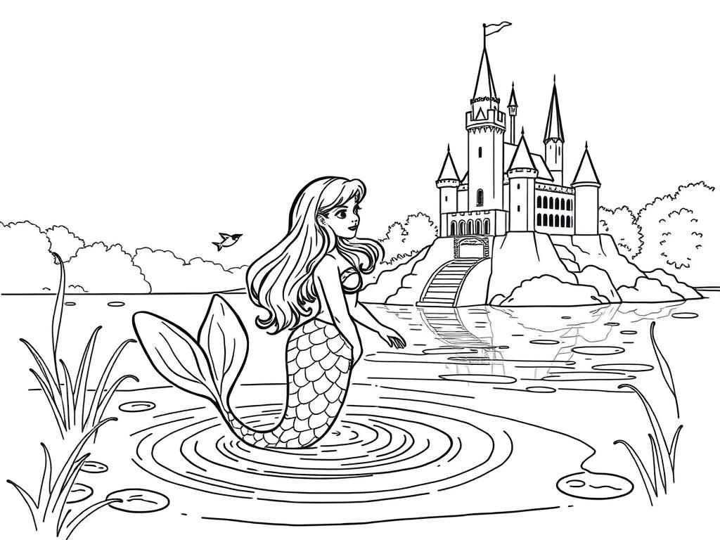 Mermaid in the water, emerging from a lake by a castle