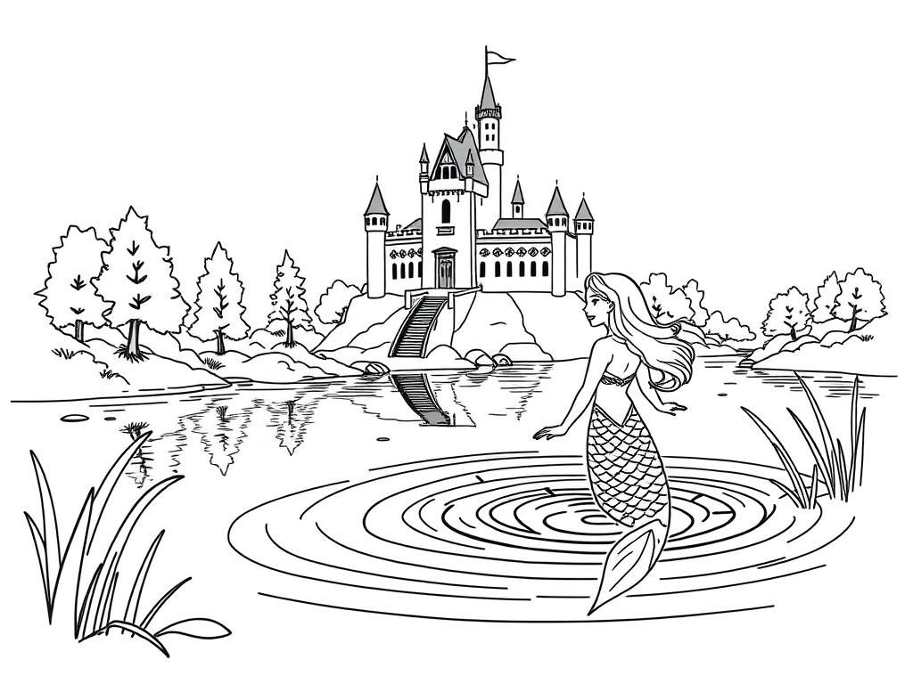 Mermaid in the water, emerging from a lake by a castle