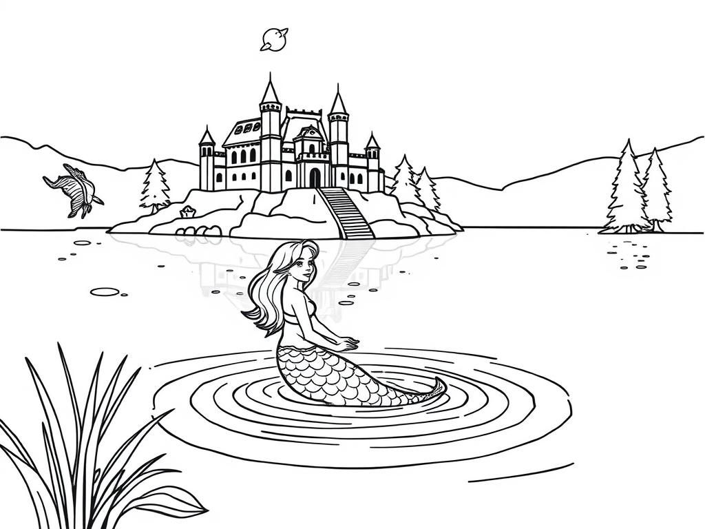 Mermaid in the water, emerging from a lake by a castle