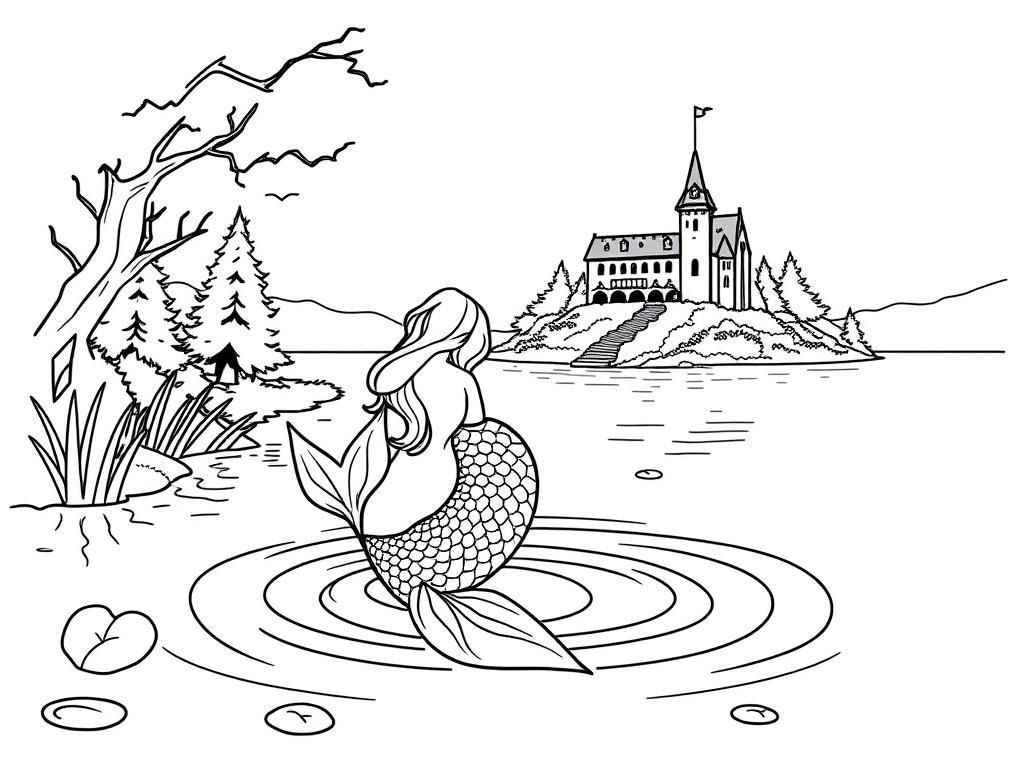 Mermaid in the water, emerging from a lake with tail submerged by a castle