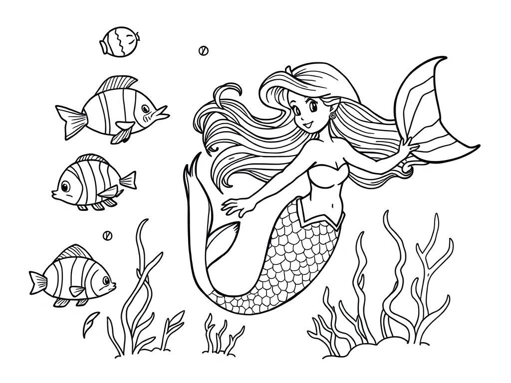 Mermaid and Fish Coloring Page