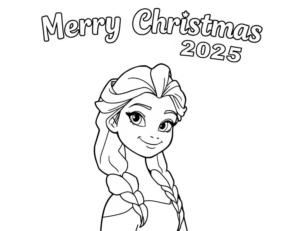 "Merry Christmas 2025" in letters, above Elsa with a Christmas hat - Free Printable Coloring Page