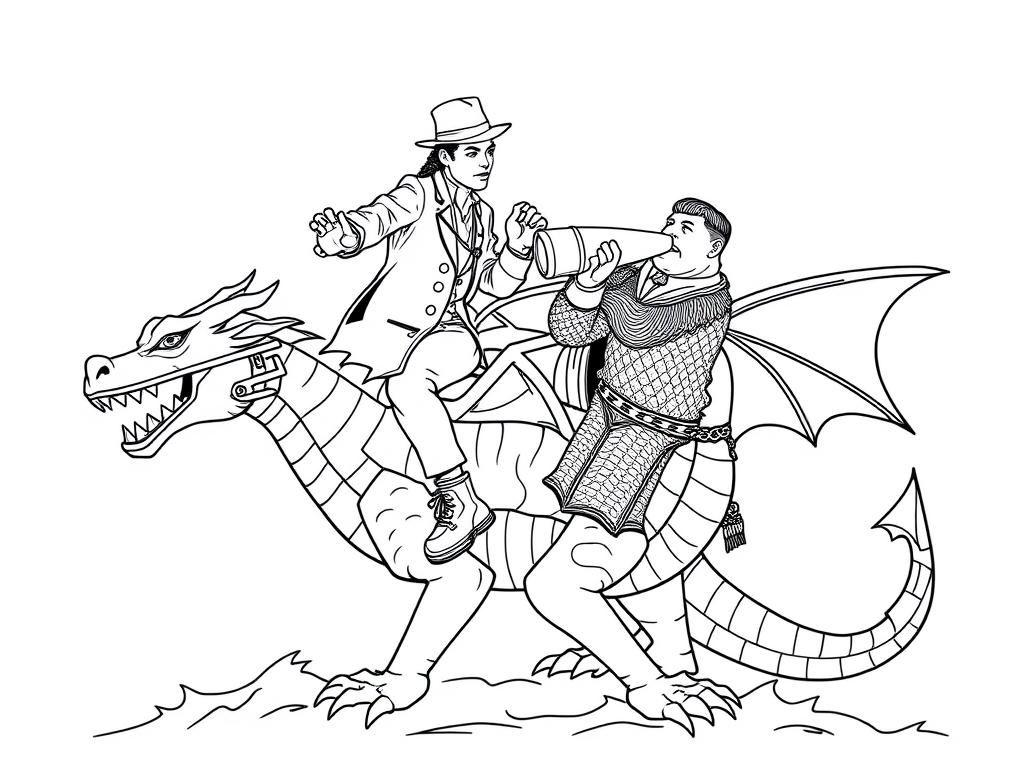 Michael Jackson riding a dragon whilst Gorbachev wearing chainmail drinks vodka from a conical flask