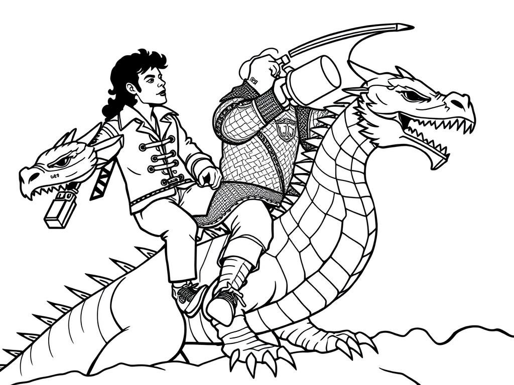 Preview of Michael Jackson riding a dragon whilst Gorbachev wearing chainmail drinks vodka from a fallic shaped flask