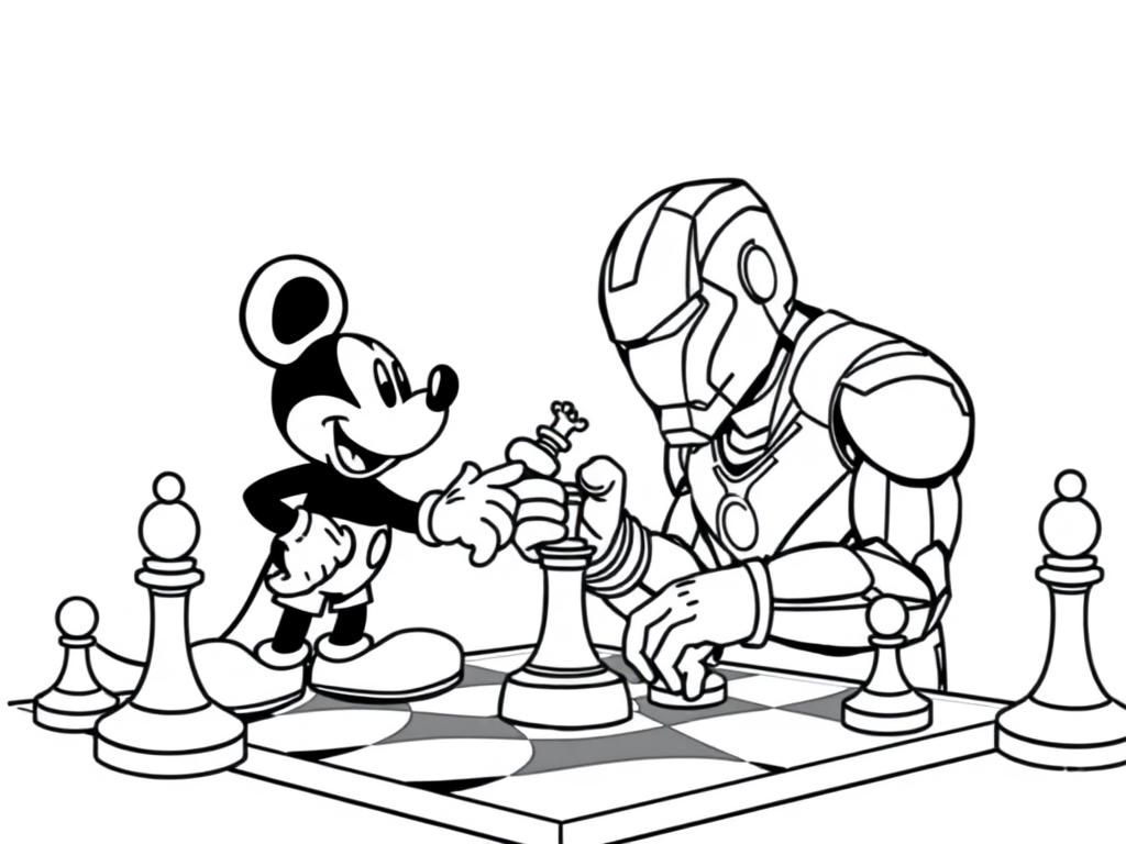 Mickey mouse and Iron Man playing chess