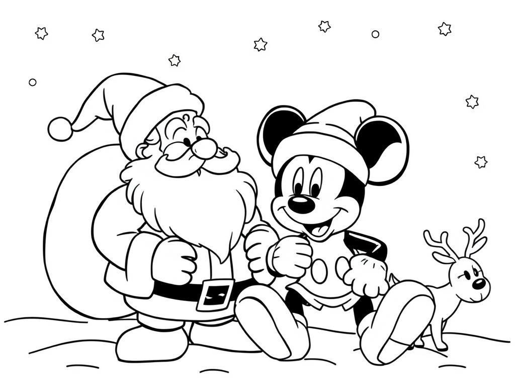 Santa and Mickey Mouse Christmas Coloring Page