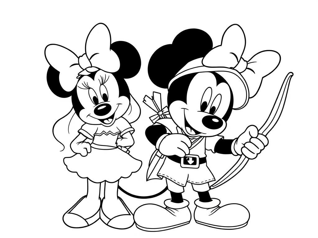 mickey mouse dressed as Robin Hood and holding a Bow in one hand standing next to Minnie Mouse dressed as Maid Marian