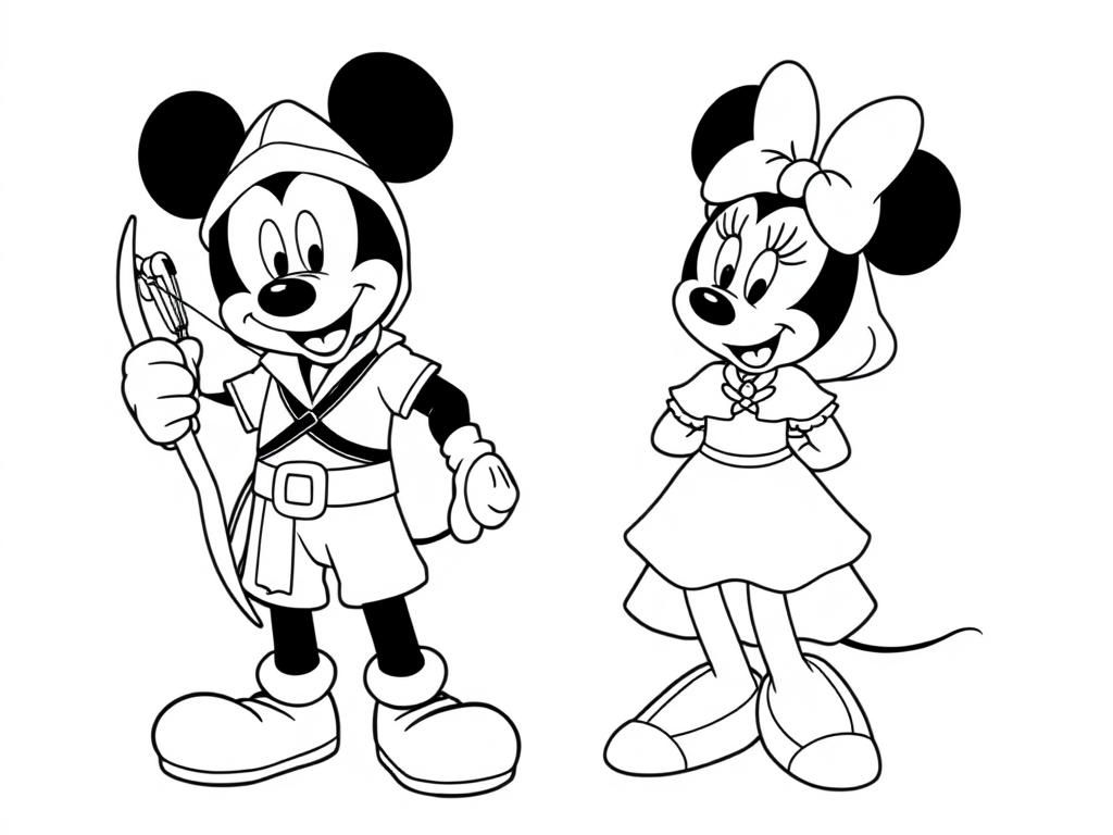 mickey mouse dressed as Robin Hood and holding a Bow in one hand standing next to Minnie Mouse dressed as Maid Marian