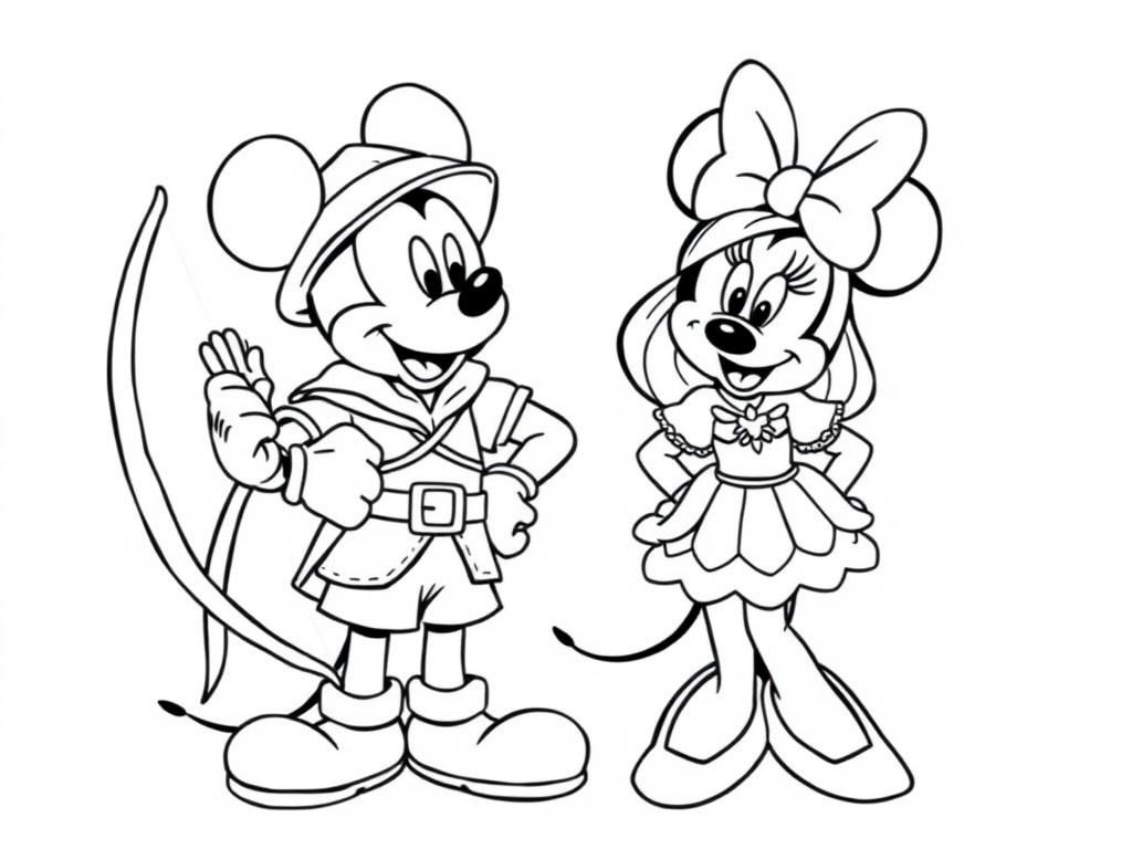 mickey mouse dressed as Robin Hood and holding a Bow in one hand with the other hand on his hip standing next to Minnie Mouse dressed as Maid Marian