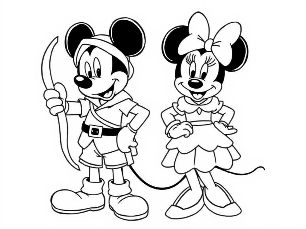 mickey mouse dressed as Robin Hood and holding a Bow in one hand with the other hand on his hip standing next to Minnie Mouse dressed as Maid Marian