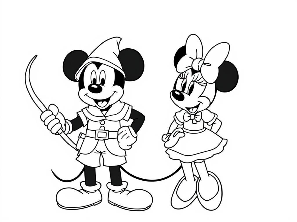 mickey mouse dressed as Robin Hood and holding a Bow in one hand with the other hand on his hip standing next to Minnie Mouse dressed as Maid Marian