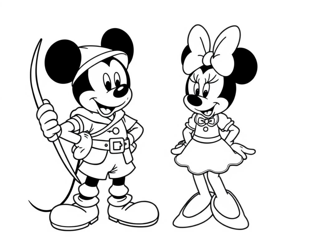 mickey mouse dressed as Robin Hood and holding a Bow in one hand with the other hand on his hip standing next to Minnie Mouse dressed as Maid Marian