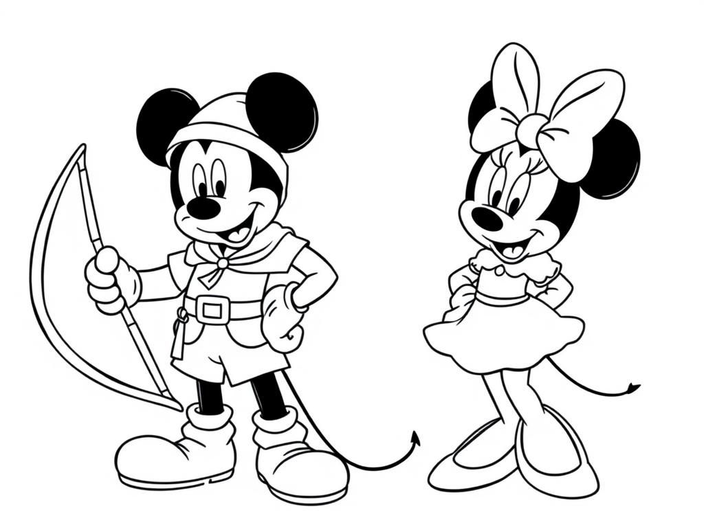 mickey mouse dressed as Robin Hood and holding a Bow in one hand with the other hand on his hip standing next to Minnie Mouse dressed as Maid Marian