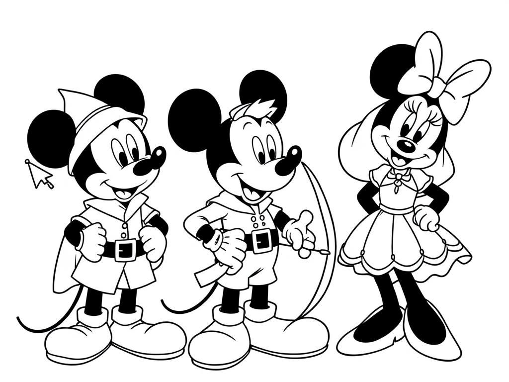 mickey mouse dressed as Robin Hood, Goofy dressed as Little John, and Minnie Mouse dressed as Maid Marian