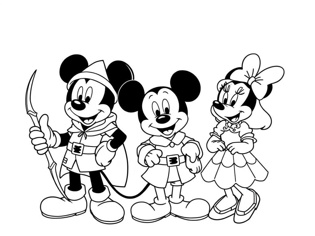 mickey mouse dressed as Robin Hood, Pete the cat (from Mickey Mouse show) dressed as Little John, and Minnie Mouse dressed as Maid Marian (from Robin Hood)