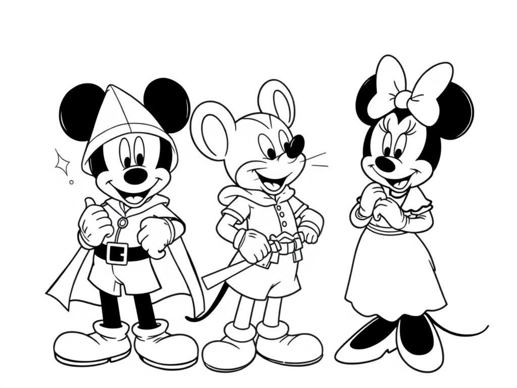 mickey mouse dressed as Robin Hood, Pete the cat (from Mickey Mouse show) dressed as Little John, and Minnie Mouse dressed as Maid Marian (from Robin Hood)