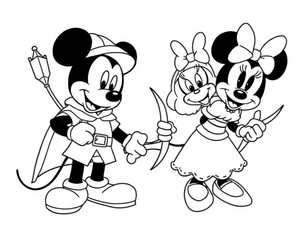 mickey mouse dressed as Robin Hood, Pete the cat (from Mickey Mouse show) dressed as Little John, and Minnie Mouse dressed as Maid Marian (from Robin Hood)