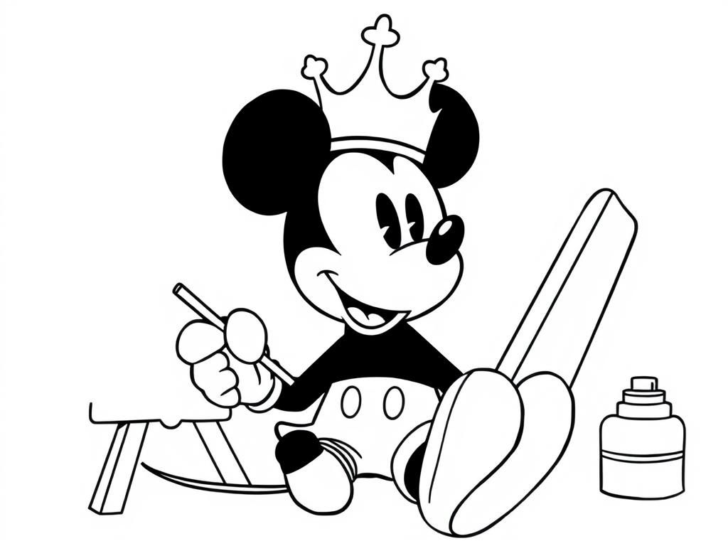 Mickey Mouse painting a picture sitting and wearing a large four-pointed crown