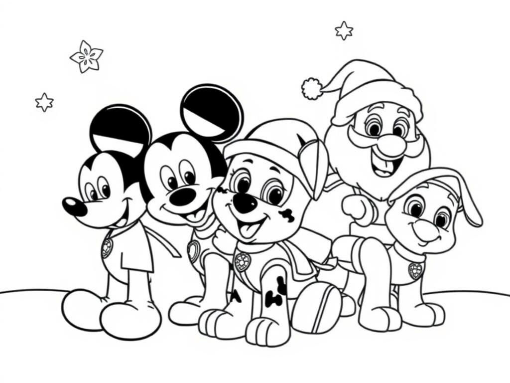 Mickey Mouse & Paw Patrol Christmas Coloring Page
