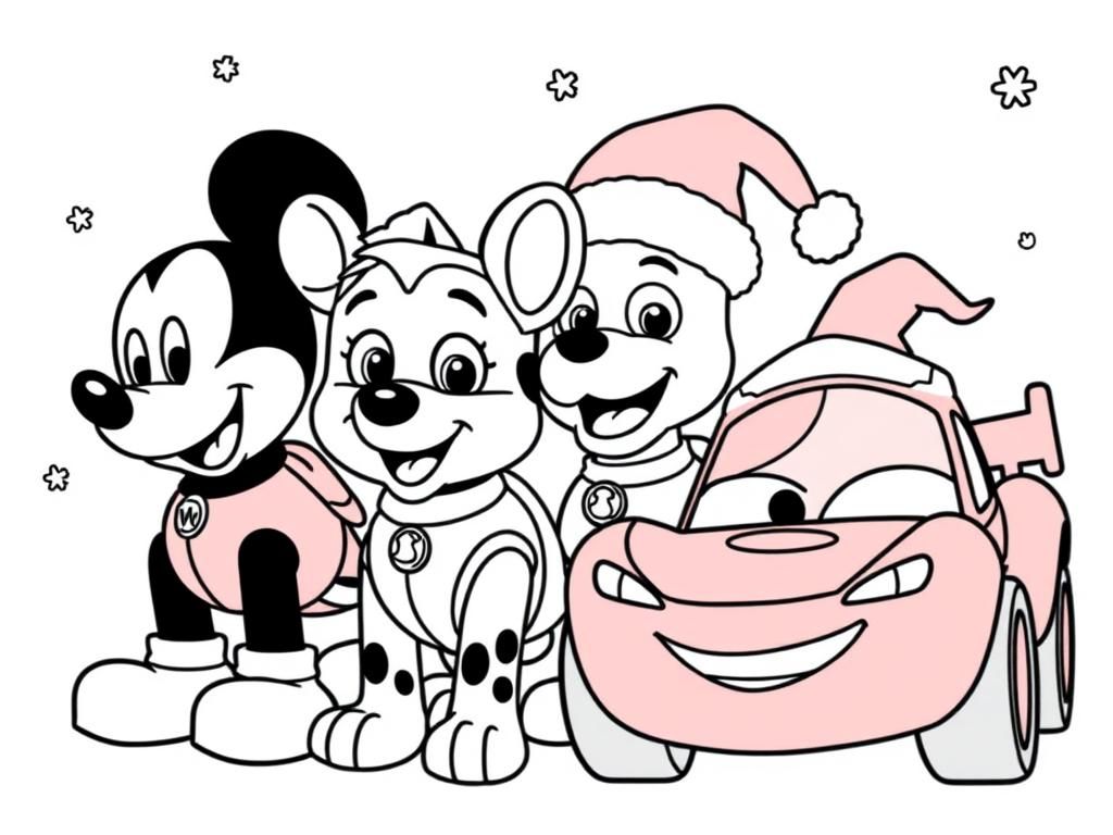 Paw Patrol en Mickey Mouse Kerstvoertuigen Kleurplaat