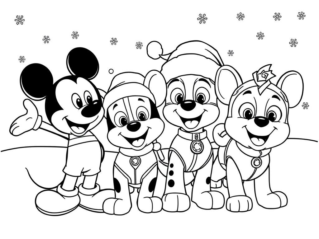 Mickey Mouse Meets PAW Patrol Winter Coloring Page