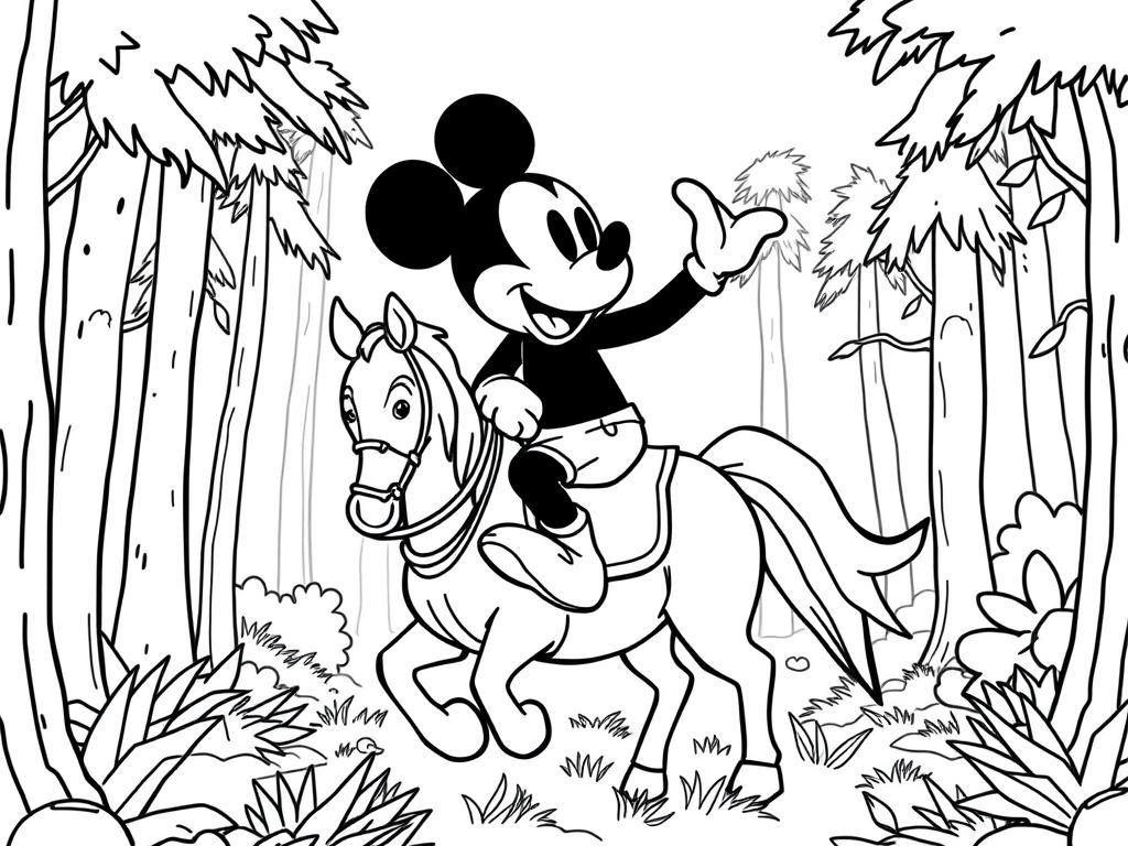 mickey mouse riding a horse in a forest