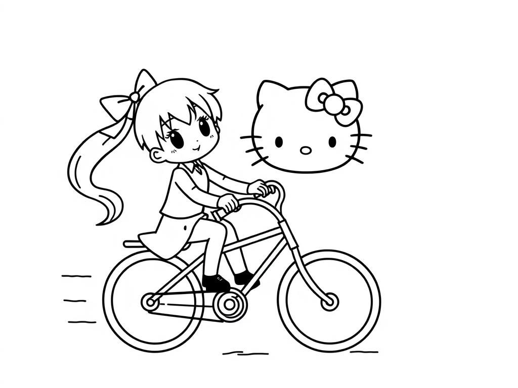 Hello Kitty and Child on Bicycle Coloring Page