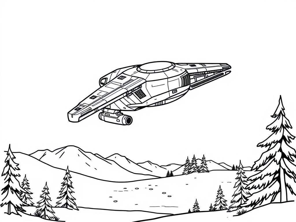 millenium falcon flying over a winter landscape