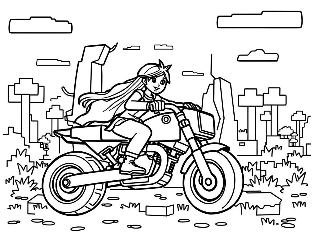 minecraft world with a princess on a motorbike inside